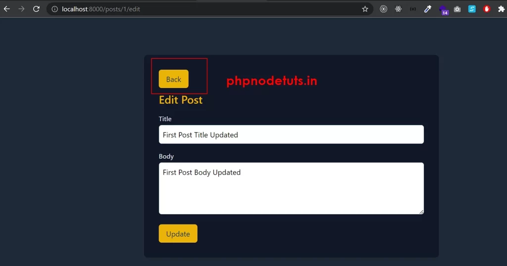 back button in edit view  - Laravel 10 CRUD Tutorial phpnodetuts.in